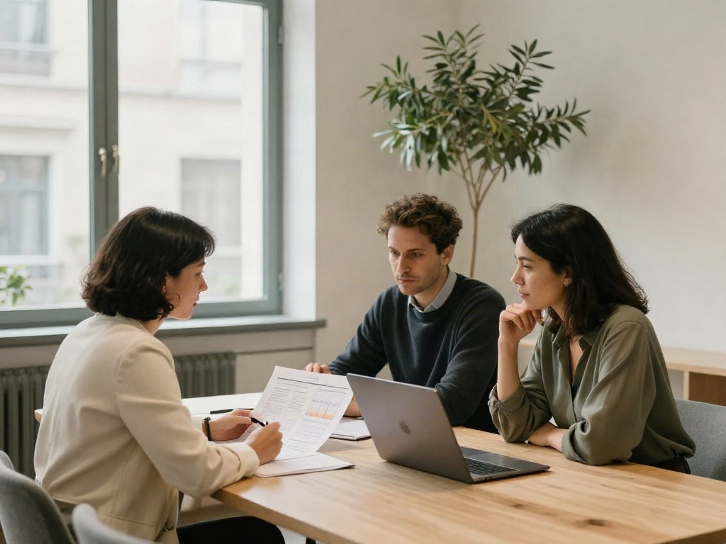 Three consultants thoughtfully reviewing business analytics together around a meeting table