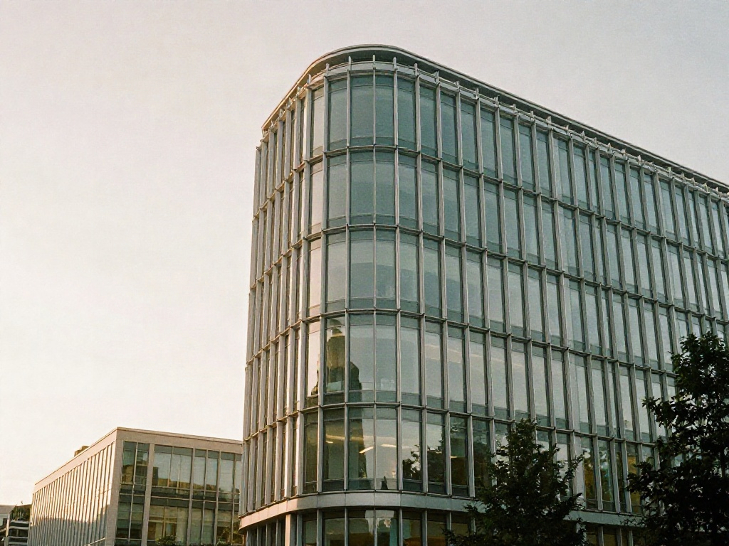 Sculptural glass office architecture with a curved facade in soft sage daylight